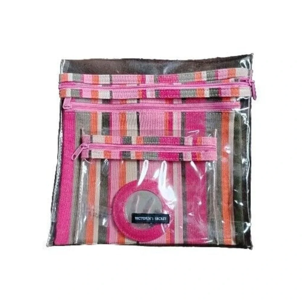 Victoria's Secret Makeup Pouches Cosmetics 3 Set ‎ Stripe Cotton PVC Mirror HTF